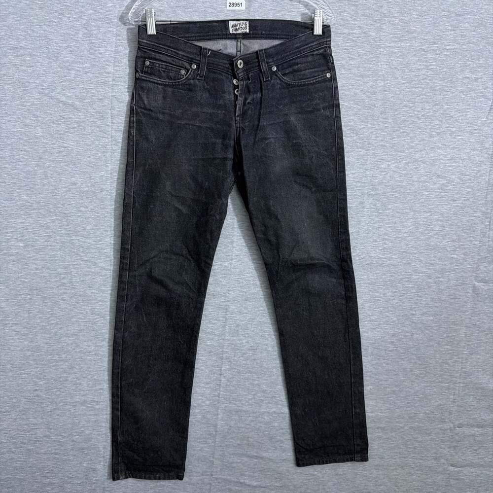 Naked & Famous Men's Size 28 Black RHT Raw Denim Weird Guy Straight Leg Jeans